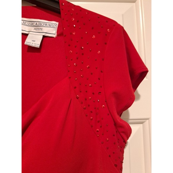 NWT Jessica Howard Red Banded Mini Dress Size 14P Cap Sleeve with Sequins - Picture 3 of 6